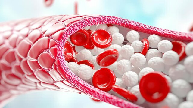 Blood vessel red and white blood cells flowing inside detailed cellular structure medical illustration close up 3D vascular structure smooth muscle endothelial cells healthy circulation dynamic