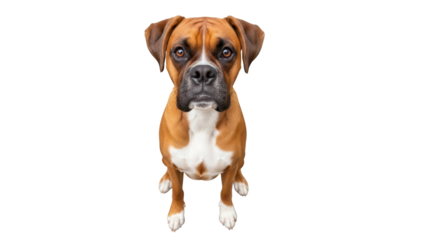 Adorable brown Boxer dog sitting isolated PNG, cute pet with white markings on transparent background for design and commercial use