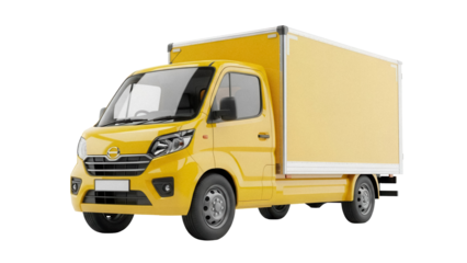 Yellow box truck PNG isolated on transparent background, commercial vehicle for delivery and transportation services, cargo van cutout