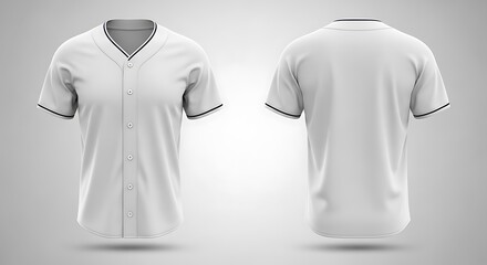 Front and back view of a plain white baseball jersey with black trim, isolated on white background