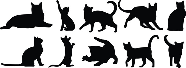 Black cat silhouettes collection featuring various feline poses playful sitting walking stretching jumping animals vector graphics illustration for design projects