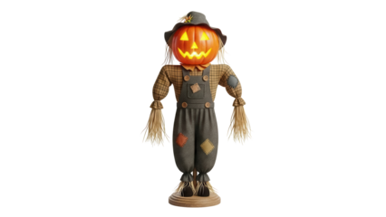 Halloween scarecrow with pumpkin head isolated PNG, autumn decoration for fall season and spooky holiday designs