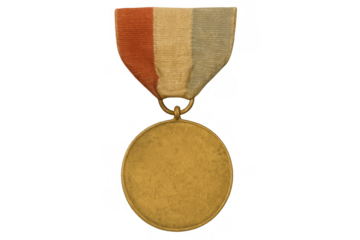 Vintage military honor medal with blank bronze disk and faded tricolor ribbon, signifying achievement and recognition