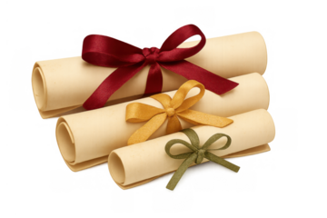 Stack of diplomas, scrolls, and certificates tied with colorful ribbons, symbolizing education, achievement, and graduation success