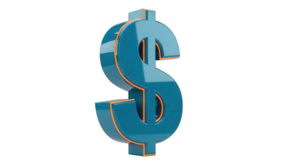 Blue dollar sign isolated PNG, 3D rendering of currency symbol with orange outline on transparent background for finance and business use