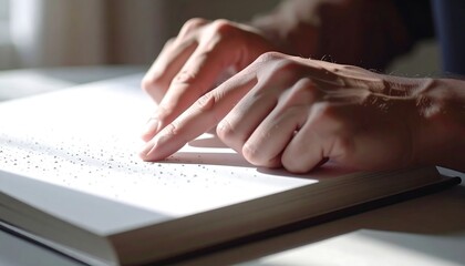 Hands Reading Braille Book, Close-Up, Soft Lighting, Tactile Learning, Focus.