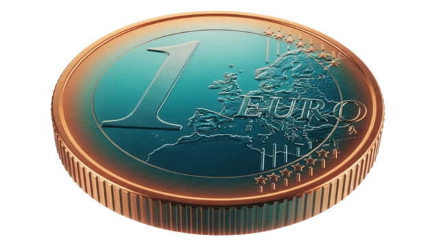One Euro coin PNG isolated on transparent background, European currency with map and stars, money for finance and economy - Powered by Adobe