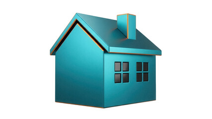 Teal house model isolated PNG on transparent background, miniature home with chimney and windows for real estate and architectural design