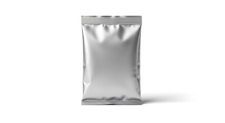A blank silver metallic foil pouch bag with a zipper closure, isolated on white background