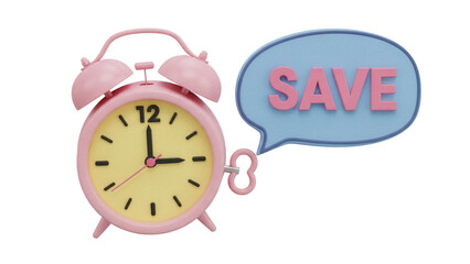 Pink alarm clock with save bubble isolated PNG, time management and savings concept for financial planning and deadline reminders