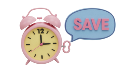Pink alarm clock with save bubble isolated PNG, time management and savings concept for financial planning and deadline reminders