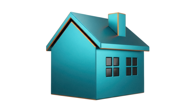 Teal house model isolated PNG on transparent background, miniature home with chimney and windows for real estate and architectural design