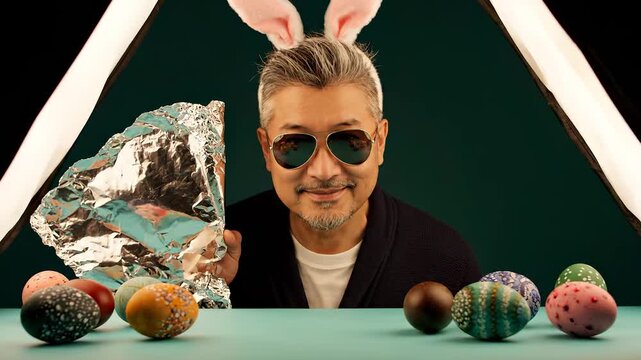 Man reveals foil over egg display. He wears bunny ears and sunglasses. He shows smile behind decorated egg on table. Decoration and colorful pattern highlight easter theme. Clip suits easter