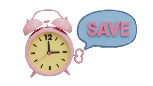 Pink alarm clock with save bubble isolated PNG, time management and savings concept for financial planning and deadline reminders