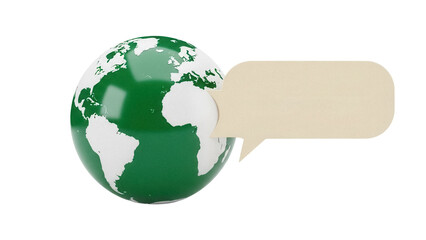 Green and white globe with speech bubble isolated PNG, representing global communication and international dialogue on transparent background