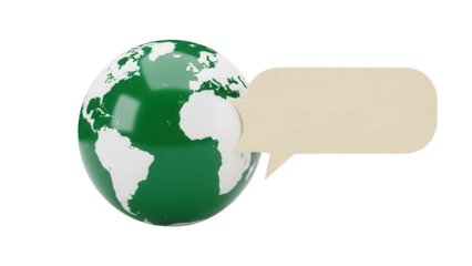 Green and white globe with speech bubble isolated PNG, representing global communication and international dialogue on transparent background