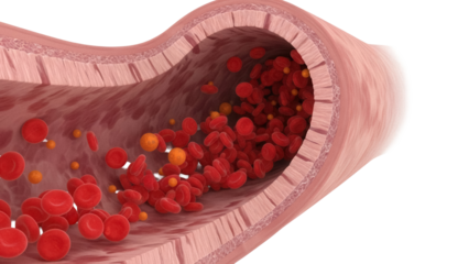 Blood vessel with red blood cells and cholesterol isolated PNG, anatomical structure for medical and scientific visualization