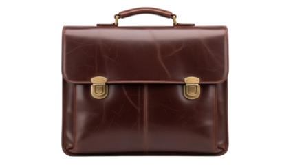Elegant brown leather briefcase isolated PNG, classic business bag for professional use and travel on transparent background