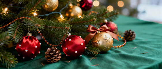 Festive christmas tree branch decorated with red and gold baubles, pinecones, and twinkling lights on a green holiday tablecloth