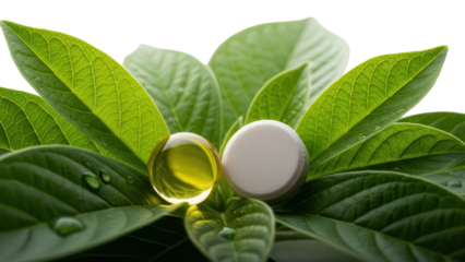 Round white pill and yellow gel capsule on green leaves isolated PNG, herbal medicine concept for healthcare and wellness on transparent background