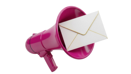 Pink megaphone with white envelope isolated PNG, communication and announcement concept for marketing and advertising on transparent background