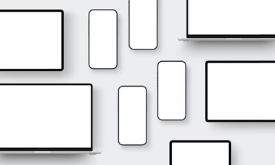 Blank laptop, tablet and smartphone screens for showing website, app and UI design. Clean minimal template for digital presentations and responsive projects