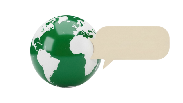 Green and white globe with speech bubble isolated PNG, representing global communication and international dialogue on transparent background