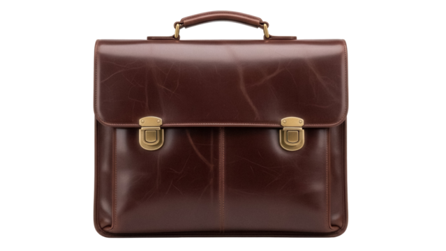 Elegant brown leather briefcase isolated PNG, classic business bag for professional use and travel on transparent background