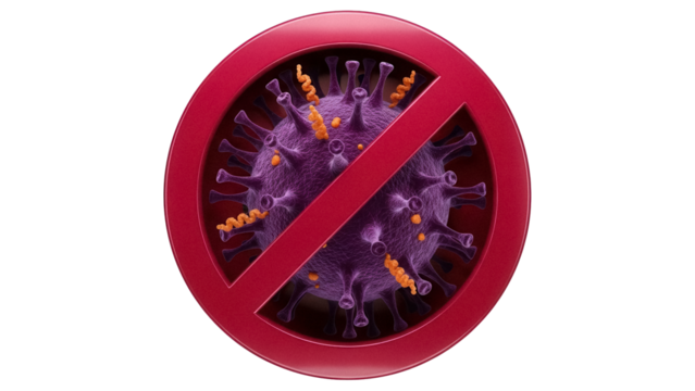 Coronavirus in a red prohibition sign isolated PNG, concept for stop the spread of viruses and infectious diseases