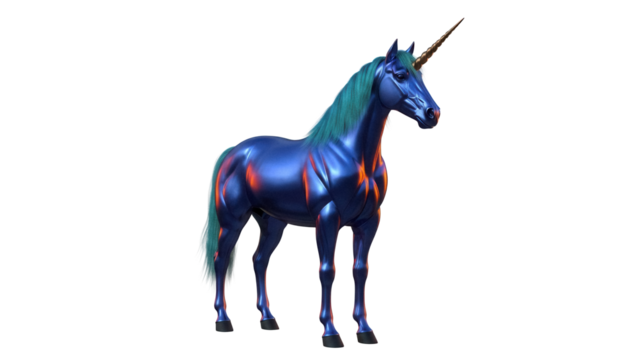 Majestic blue unicorn with golden horn isolated PNG, mythical creature with teal mane on transparent background for fantasy art and design