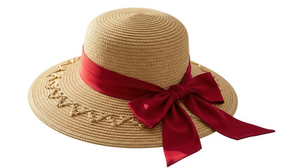 Elegant straw sun hat with red ribbon isolated PNG, summer fashion accessory on transparent background