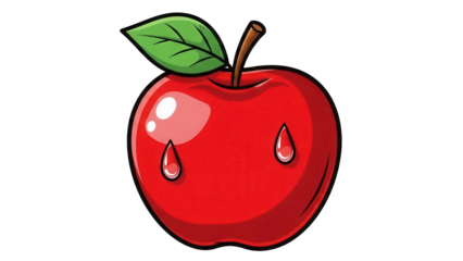 Shiny red apple with leaves and water droplets isolated PNG, fresh fruit graphic for healthy eating and food-related designs