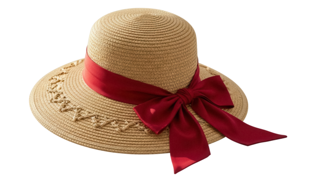 Elegant straw sun hat with red ribbon isolated PNG, summer fashion accessory on transparent background - Powered by Adobe
