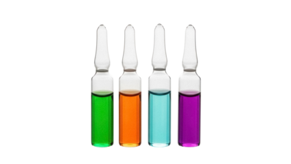Four colorful ampoules with green, orange, blue and purple liquid isolated on transparent background, medical vials for pharmaceutical use PNG