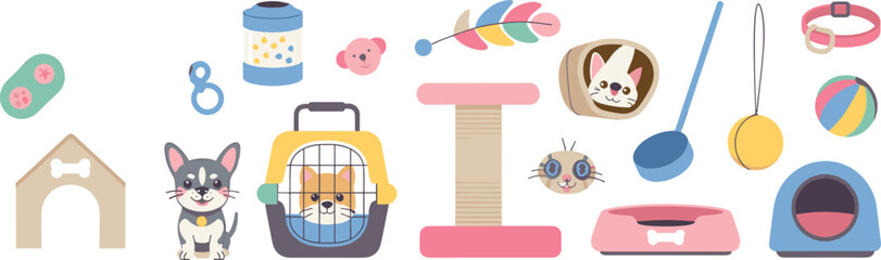 Cute pet supplies vector set with cats, dogs, toys, feeders, carriers, scratching posts, collars and accessories for animal care illustrations