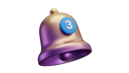 Golden notification bell with number 3 isolated PNG, alert icon on transparent background for social media and user interface design