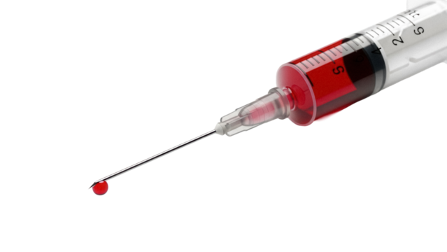 Syringe with blood isolated PNG, medical injection with red liquid for healthcare and vaccination purposes on transparent background