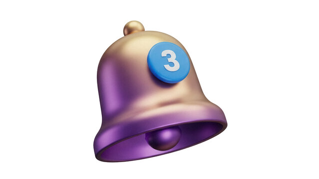 Golden notification bell with number 3 isolated PNG, alert icon on transparent background for social media and user interface design