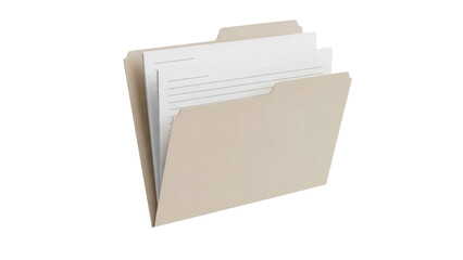 Tan file folder with documents isolated PNG, office paperwork and organization for business and education on transparent background