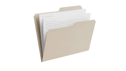 Tan file folder with documents isolated PNG, office paperwork and organization for business and education on transparent background