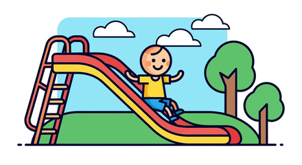 Cartoon Boy Enjoying a Colorful Slide at the Playground.