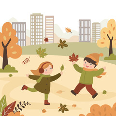 Naklejka premium Fall, autumn city park kids. Children outdoor activity. Boy and girl play with falling leaves. Little people in warm clothes. Forest, October and november defoliation