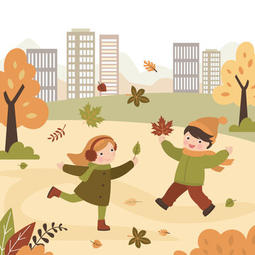 Fall, autumn city park kids. Children outdoor activity. Boy and girl play with falling leaves. Little people in warm clothes. Forest, October and november defoliation