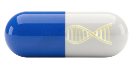 Blue and white capsule with DNA strand isolated PNG, medical research and genetic engineering concept for healthcare and pharmaceutical use