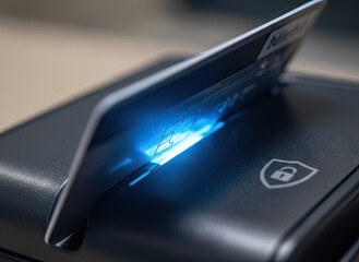 Modern Black Payment Terminal With Blue Light And Credit Card Inserted For Transaction Securely