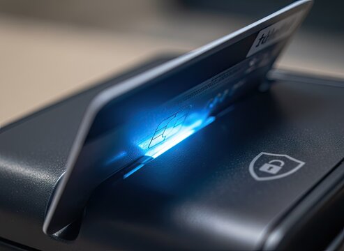 Modern Black Payment Terminal With Blue Light And Credit Card Inserted For Transaction Securely - Powered by Adobe