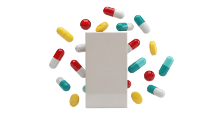 Pills and capsules around a box isolated PNG, colorful medication and supplements on transparent background for healthcare and pharmaceutical use