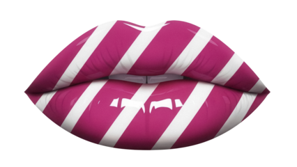 Glossy pink lips with white stripes isolated PNG, fashionable makeup with candy cane pattern on transparent background, beauty and style concept