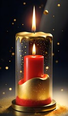A glowing Christmas candle burning on a red background