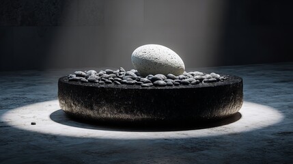 Abstract art featuring pebbles on a black plank atop